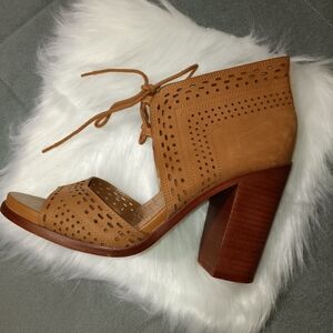 Gianni Bini Tan Block Heel Mules with Perforated Design